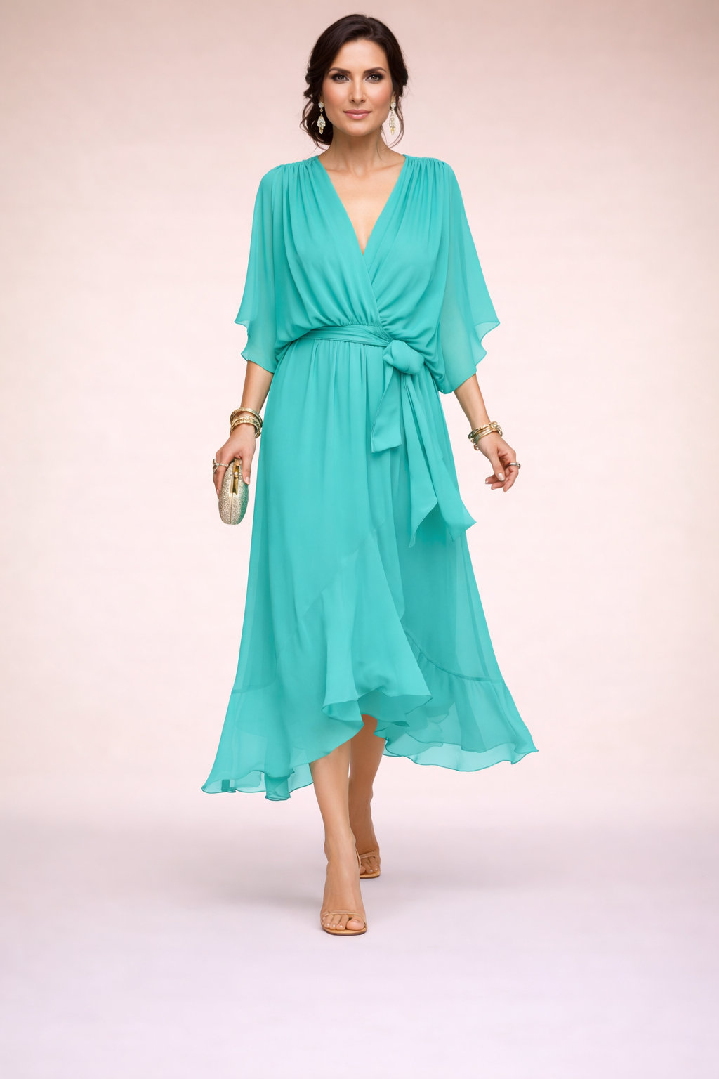 Vestido de Chiffon de Alta Costura con Escote en V