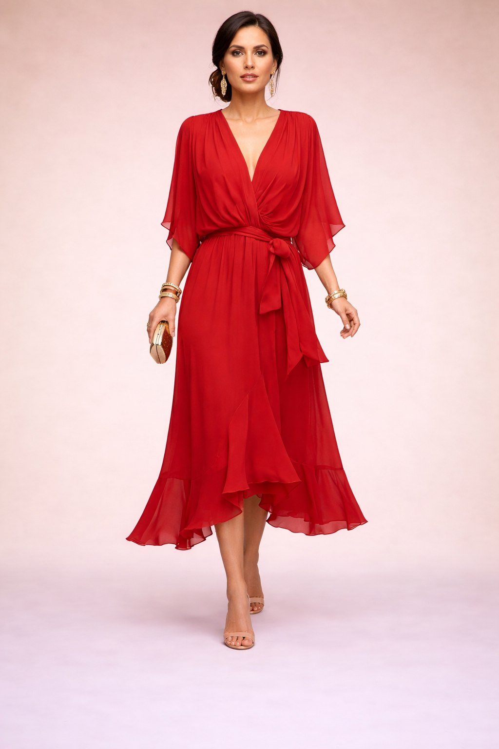 Vestido de Chiffon de Alta Costura con Escote en V