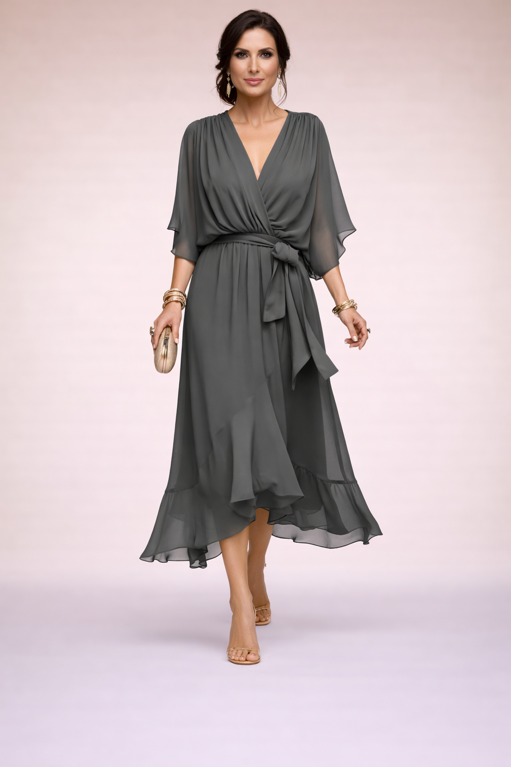 Vestido de Chiffon de Alta Costura con Escote en V